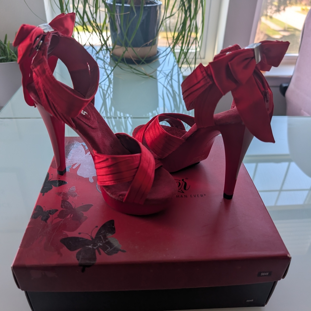 Pleaser Red Satin Heels with Bow
